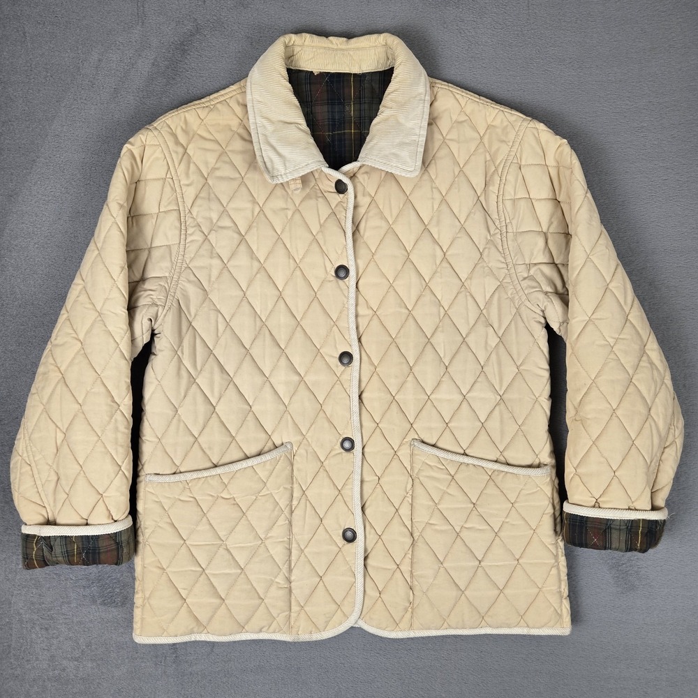 John Partridge Jacket Womens Medium Beige Quilted Button Up Plaid Lined VTG